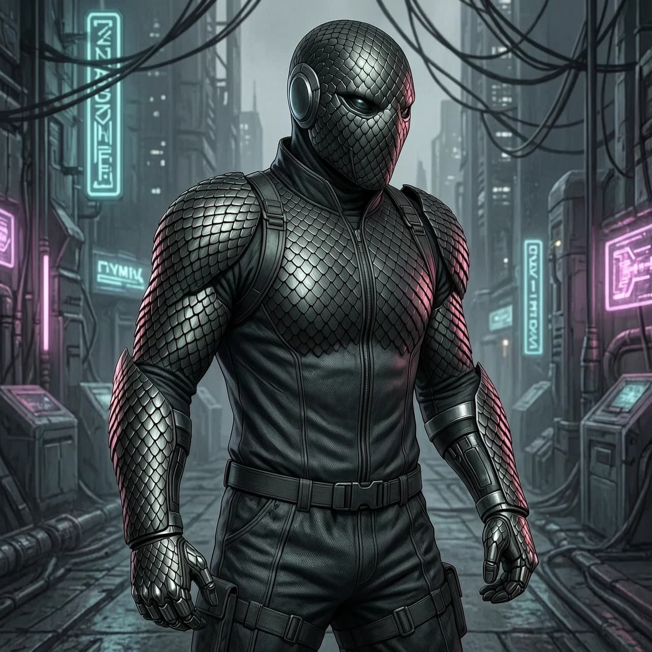 A sci-fi cyber-assassin character concept art. Wearing a dark tactical fabric stealth suit. Both arms are completely covered from shoulders to fingertips in an advanced monolithic dragon-scale armor. The scales are micro-segmented, made of matte black carbon fiber and dark titanium, overlapping like reptile skin. The armor seamlessly transitions into articulated combat gauntlets with scaled finger guards. Fully enclosed arm protection, seamless cybernetic textures, futuristic biomechanical design, highly detailed, photorealistic, cyberpunk aesthetic, dark mood --ar 3:4
