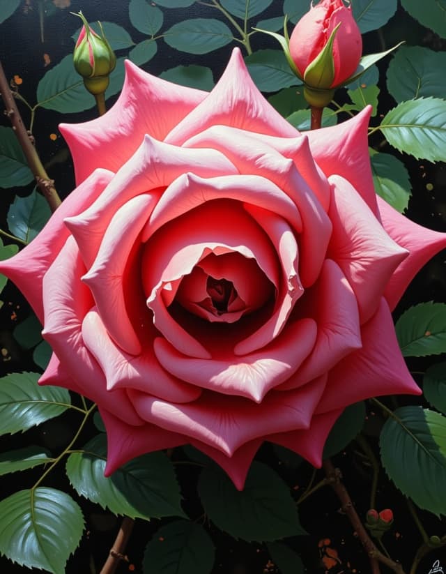 A masterpiece. Oil painting. ((Image of a rose.)). Close-up. High resolution. High quality. Increased attention to small details. Hyperrealistic surrealistic style, fantasy. Increased attention to the smallest details and texture. The author is Repin.