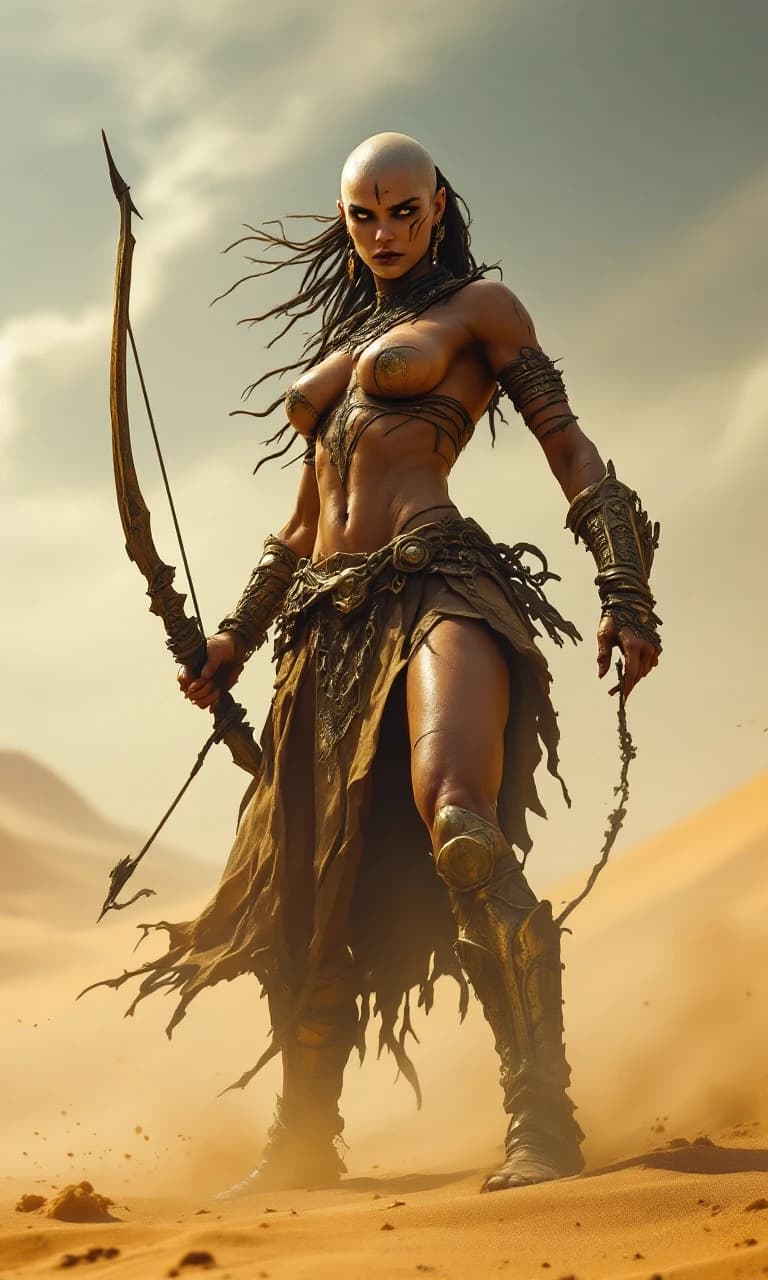In full height! Evil fierce female warrior-slaver from a warlike desert tribe, bald woman with weathered skin and intense gaze, wearing primitive hand-forged bronze armor with ornate engravings and patina, wielding a heavy bow, captured in a dynamic combat stance, mid-action movement. Background of a vast, scorching sun-drenched desert with swirling sand dunes and heat haze. Lighting: dramatic golden hour sunlight, high contrast, harsh shadows, rim lighting highlighting the muscles and metallic texture. Composition: low angle shot, heroic scale, shallow depth of field with blurred desert horizon. Artistic medium: epic fantasy concept art, highly detailed textures of scratched metal and gritty sand, 8k resolution, volumetric dust particles, intense and primal atmosphere. In full height! Half turned!