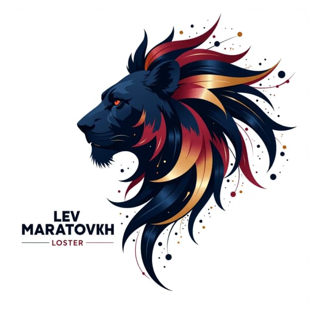 Artistic abstract logo for “Лев Маратович” in artcy vibe: dynamic composition of flowing brushstroke shapes and sharp geometric cuts that together suggest a lion’s silhouette or a powerful profile. Use a moody color scheme: midnight blue, deep burgundy, and metallic bronze accents. Typography: modern sans‑serif with a slight italic slant, positioned to balance the abstract mark. Add a thin outline or subtle texture to mimic ink or screen print. Flat design with a hint of hand‑drawn feel, clean white background, high readability. No extra icons, no noise.