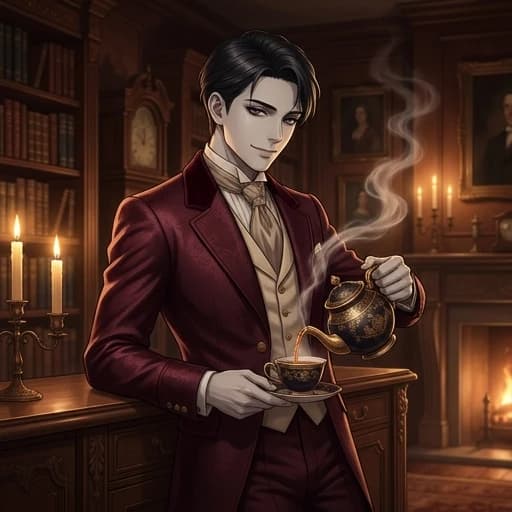 A high-quality anime-style illustration depicting a young man with noticeably ash-pale skin and a refined appearance, dressed in an exquisite Victorian-era suit custom-made from delicate silk. He is captured in a graceful, confident movement as he pours steaming amber tea from an elegant porcelain teapot into an exquisite cup of the same color. The scene takes place in a dimly lit, luxurious living room in a classic style, with mahogany bookshelves and the warm glow of candlelight. Cinematic lighting with dramatic chiaroscuro, emphasizing the steam rising from the cup and the clear outlines of his face. A gloomy, calm, and aristocratic atmosphere. A masterpiece created using soft gradients in digital painting, sharp lines, and highly detailed eyes, inspired by the lighting aesthetics of Makoto Shinkai.
