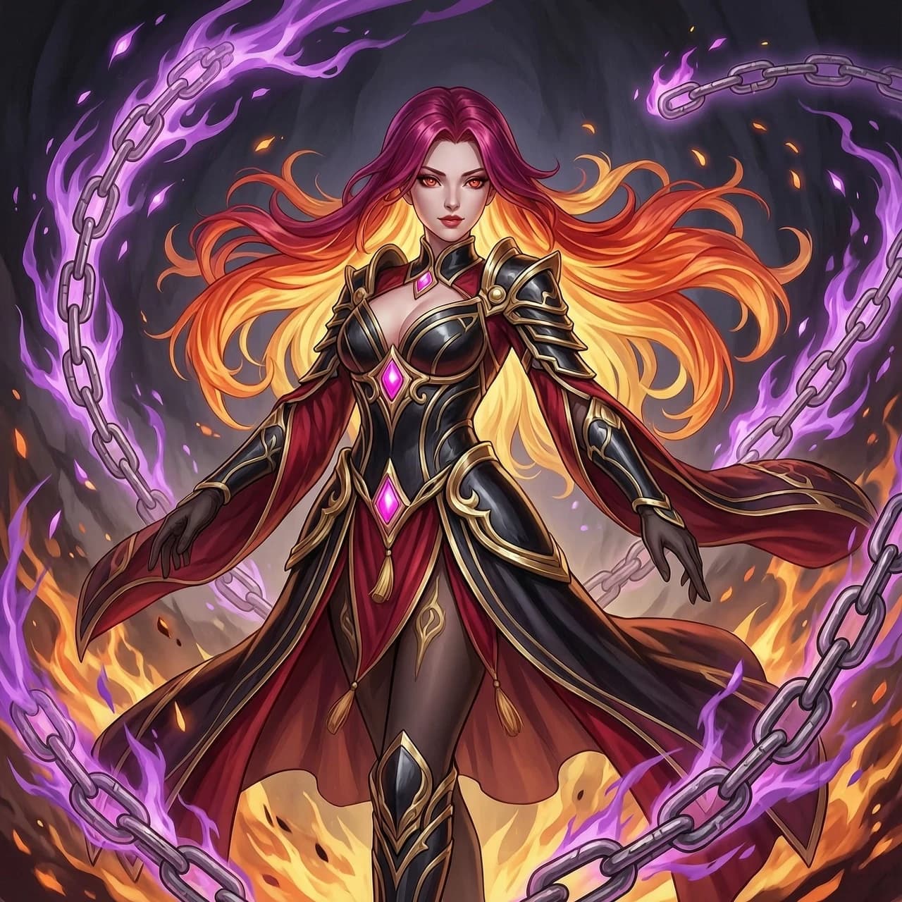 Masterpiece digital painting, premium hand-painted 2D game key art, anime-inspired semi-realistic style. A complete visual reimagining of the character as a stunningly beautiful adult female heroine, transcending a simple gender-swap to create a unique individual. She possesses a distinctly feminine anatomy with graceful shoulders, a slender waist, elegant hips, and lithe, toned limbs. 

Her costume is an elaborate, legendary-tier female battle-regalia, moving away from heavy male armor toward a sophisticated silhouette of ornate black obsidian plates and crimson silk drapery. The outfit integrates intricate gold filigree and glowing magenta ornaments, blending dark fantasy aesthetics with high-fashion elegance. Her hair is a breathtaking feature: long, voluminous, flowing locks of living fire that transition from deep magenta to brilliant orange and incandescent gold, swirling dynamically around her.

The composition is a dynamic, low-angle cinematic shot, emphasizing her epic presence. She is surrounded by a swirling vortex of supernatural energy: intense demonic fire, crackling orange-red embers, and ethereal purple flames that dance between heavy, glowing enchanted chains. 

Lighting is dramatic and chiaroscuro-inspired, with the primary light source being the intense glow from her own magical powers, casting deep shadows and vibrant rim lighting across her detailed facial features and expressive, glowing eyes. The atmosphere is intense, powerful, and mystical. Highly polished professional illustration with painterly textures, intricate particle effects, and a sense of overwhelming magical power. Фото прикрепить нельзя по этому референс - Валир из игры мобайл легенд в легендарном скине Пламя Инферно.