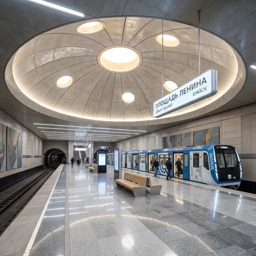 Сделай красивый и Современный проект для станции метро площадь Ленина в Бийске, которая должна быть с широкой островной платформой и односводчатой с пологим сводом, а на одном из путей стоит поезд "81-765 "Москва"