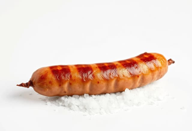 An award-winning, professional-grade photograph set against a pristine white background. A true masterpiece—exquisitely beautiful. A stick of smoked sausage rests atop a bed of scattered salt.