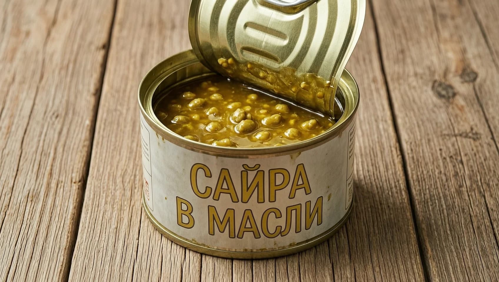 Открытая консервная банка с надписью на русском языке "Сайра в масле"