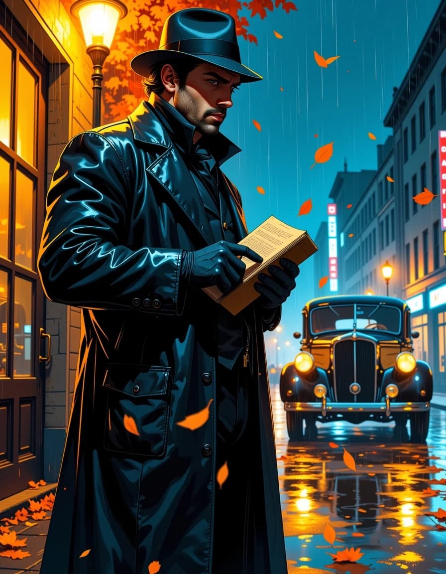 A masterpiece,  in the style of the 1980s, with bold lines, dynamic strokes and rich textures, on background with a touch of nostalgia, perhaps with subtle drawings inspired by cellulose and vintage, worn textures similar to paper,oil painting,  Photorealistic cinematic film-noir street scene at night: a solitary 1930s detective in a dark fedora and soaked long leather trench coat stands beside a vintage black sedan under a glowing streetlamp in steady rain, holding a small open notebook in gloved hands, stern thoughtful expression, strong jawline and subtle stubble, warm rim light on his face contrasting with cool ambient street lighting; falling autumn leaves swirl and stick to the wet cobblestone sidewalk, glossy reflections of lamps and car chrome in puddles, visible rain streaks and droplets on surfaces. Compose a low-angle three-quarter full-body shot with shallow depth of field and cinematic bokeh, 35mm lens aesthetic, slightly desaturated cool blue color grade with warm amber highlights, high contrast chiaroscuro, gentle film grain, razor-sharp facial detail, soft motion blur on moving leaves and rain, pronounced specular highlights on metal and wet leather, moody mysterious atmosphere, dramatic storytelling, high dynamic range, photoreal detail, 4k composition, cinematic aspect ratio. celshading, simple background
