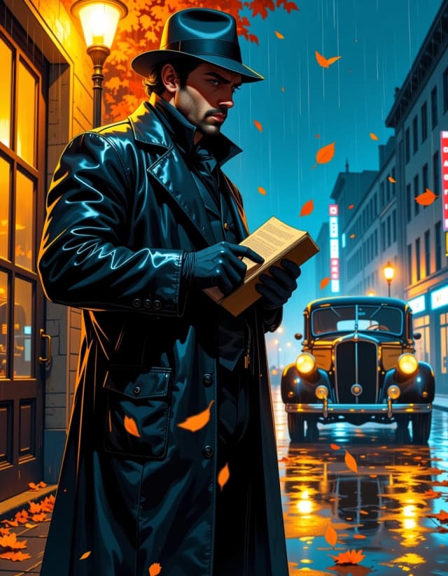 A masterpiece,  in the style of the 1980s, with bold lines, dynamic strokes and rich textures, on background with a touch of nostalgia, perhaps with subtle drawings inspired by cellulose and vintage, worn textures similar to paper,oil painting,  Photorealistic cinematic film-noir street scene at night: a solitary 1930s detective in a dark fedora and soaked long leather trench coat stands beside a vintage black sedan under a glowing streetlamp in steady rain, holding a small open notebook in gloved hands, stern thoughtful expression, strong jawline and subtle stubble, warm rim light on his face contrasting with cool ambient street lighting; falling autumn leaves swirl and stick to the wet cobblestone sidewalk, glossy reflections of lamps and car chrome in puddles, visible rain streaks and droplets on surfaces. Compose a low-angle three-quarter full-body shot with shallow depth of field and cinematic bokeh, 35mm lens aesthetic, slightly desaturated cool blue color grade with warm amber highlights, high contrast chiaroscuro, gentle film grain, razor-sharp facial detail, soft motion blur on moving leaves and rain, pronounced specular highlights on metal and wet leather, moody mysterious atmosphere, dramatic storytelling, high dynamic range, photoreal detail, 4k composition, cinematic aspect ratio. celshading, simple background