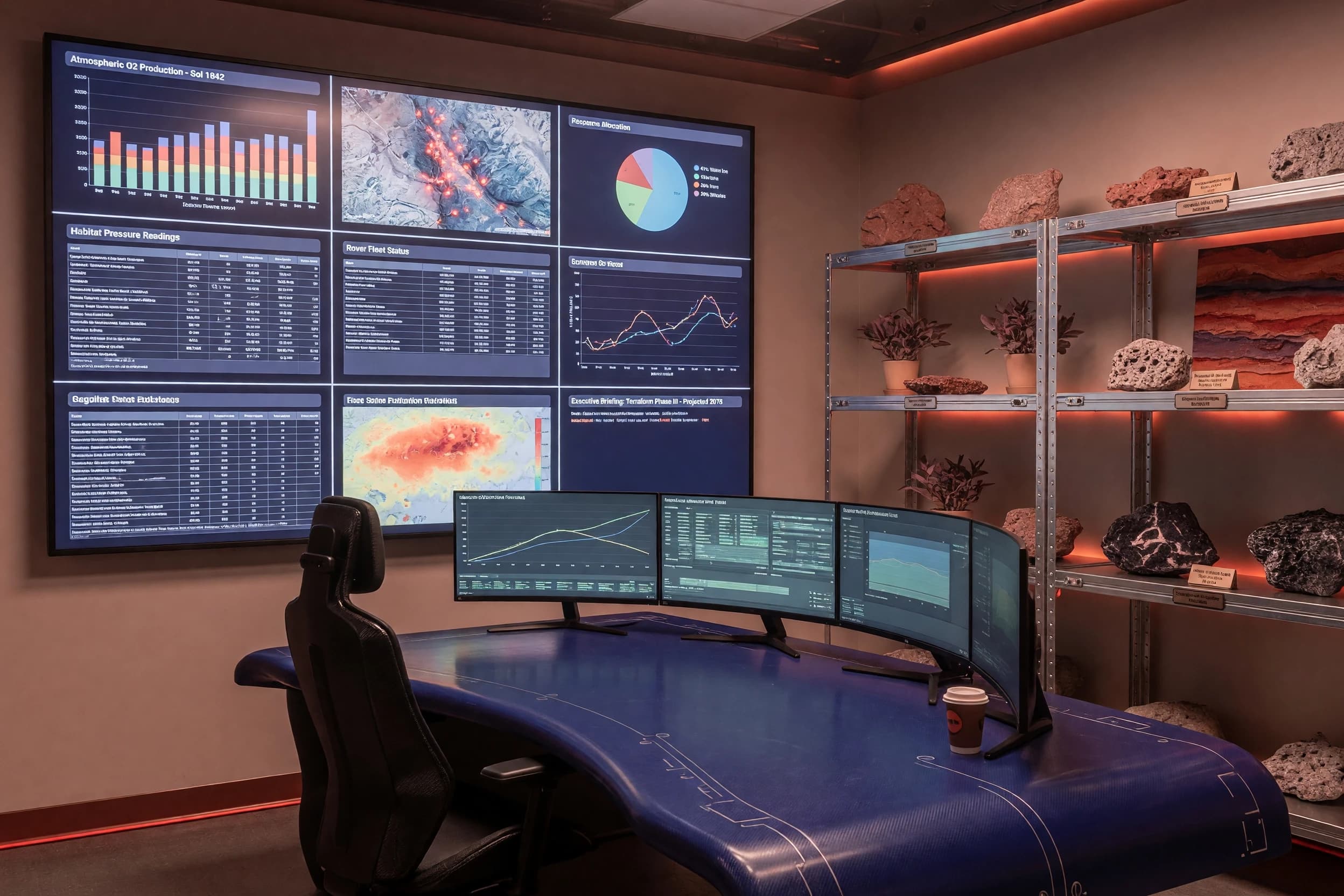 The executive’s office features a massive indigo‑colored table with several curved monitors, a black chair with a high back, silver shelves with samples of Martian rocks, and reddish‑orange accent lighting for paintings or plants. On one of the side walls, there is a huge plasma panel that spans the entire wall. It is divided into nine zones where tables and graphs are displayed. Add warm halftones to the lighting to soften the sharpness and create a focused yet isolated atmosphere. 
 Style: futuristic cyberpunk with realistic details, high resolution, subdued lighting creating a sense of isolation on Mars, absence of people in the office to create a calm atmosphere.