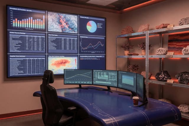 The executive’s office features a massive indigo‑colored table with several curved monitors, a black chair with a high back, silver shelves with samples of Martian rocks, and reddish‑orange accent lighting for paintings or plants. On one of the side walls, there is a huge plasma panel that spans the entire wall. It is divided into nine zones where tables and graphs are displayed. Add warm halftones to the lighting to soften the sharpness and create a focused yet isolated atmosphere. 
 Style: futuristic cyberpunk with realistic details, high resolution, subdued lighting creating a sense of isolation on Mars, absence of people in the office to create a calm atmosphere.