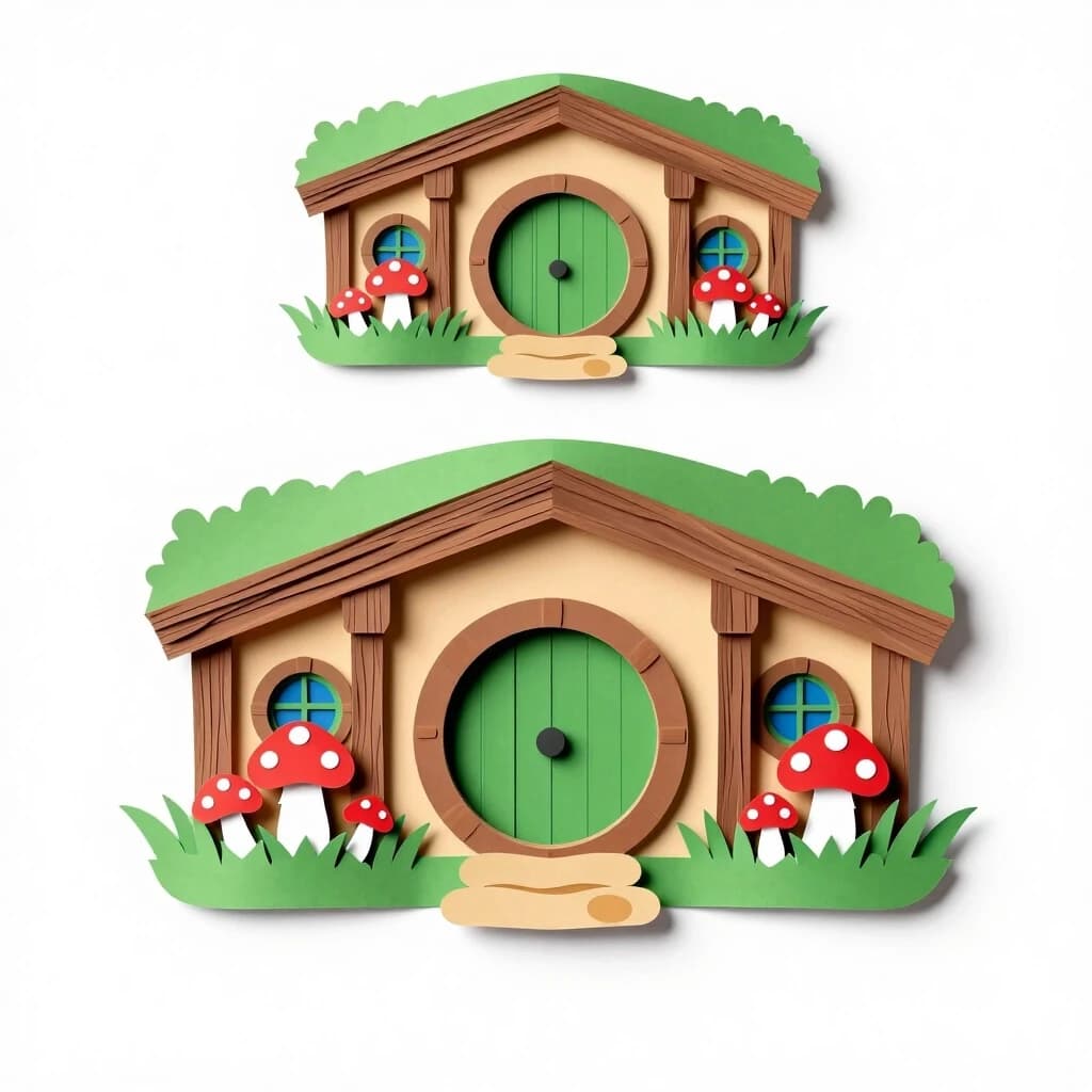 Cozy hobbit house with round green door, surrounded by mushrooms and flowers, multi-layered paper art style papertol, five distinct separated layers, clean sharp contours, isolated objects on solid white background, fantasy illustration, no overlapping elements, children's book cut-out style.
