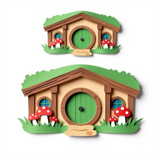 Cozy hobbit house with round green door, surrounded by mushrooms and flowers, multi-layered paper art style papertol, five distinct separated layers, clean sharp contours, isolated objects on solid white background, fantasy illustration, no overlapping elements, children's book cut-out style.