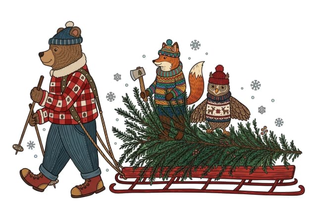 Redraw folk-art embroidery whimsical winter scene featuring a bear carrying a Christmas tree—with a fox and an owl standing on it create a colored vector image (outline art) on a white background. I want to retain the recognizable style but redraw the image so that it is unique, rather than a mere copy or reproduction.