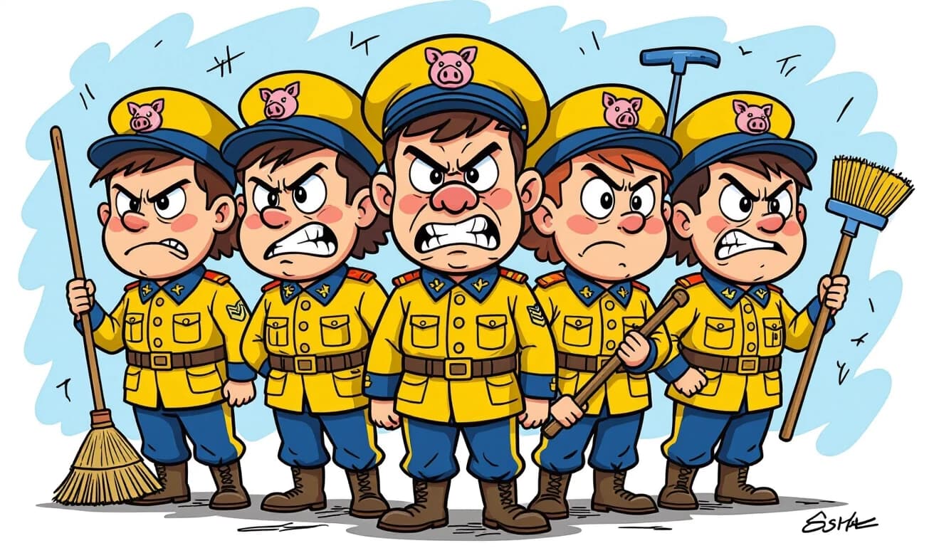 Teenagers with angry, stupid faces, in yellow and blue military uniforms, wearing military caps with pig-head cockades on their heads, holding brooms and plungers in their hands, a caricature