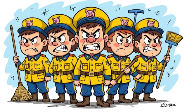 Teenagers with angry, stupid faces, in yellow and blue military uniforms, wearing military caps with pig-head cockades on their heads, holding brooms and plungers in their hands, a caricature
