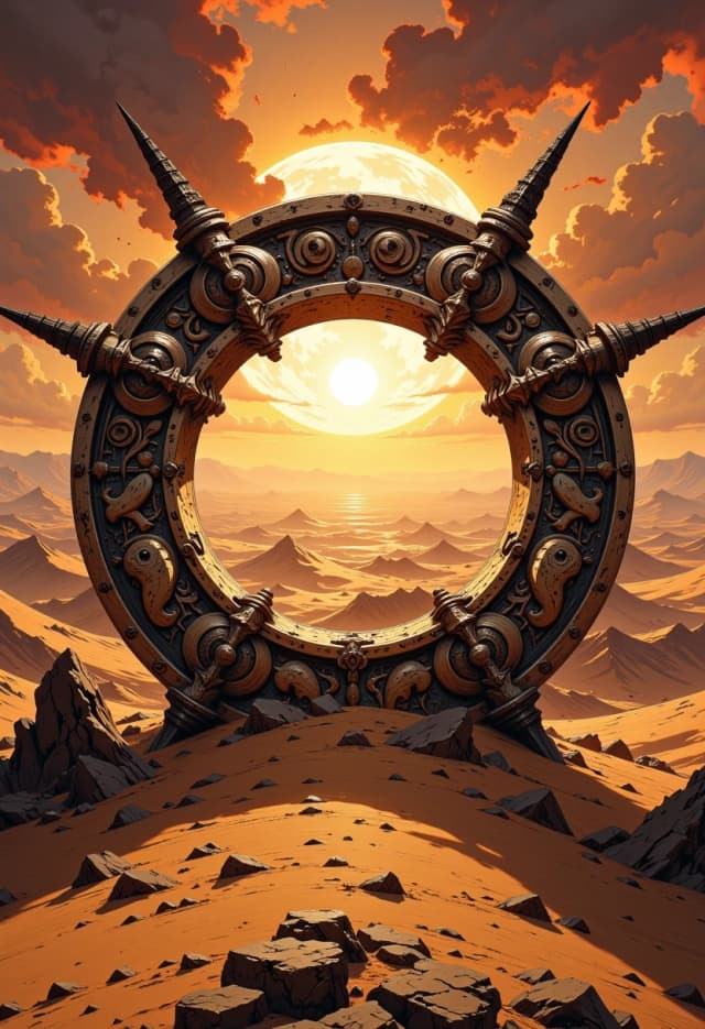 Circular emblem of a wild hunting desert tribe, intricately detailed tribal patterns and primitive totems engraved on weathered sandstone and aged bone, centered in the frame. Background features a vast, undulating desert with sweeping sand dunes under a relentless, scorching midday sun. Intense cinematic lighting with harsh shadows and brilliant highlights, heat haze shimmering on the horizon. High-detail textures of cracked earth and wind-blown sand. Composition: symmetrical emblem shot, wide angle, epic scale. Style: hyper-realistic digital art with a gritty, cinematic feel, reminiscent of high-end concept art. Mood: primal, harsh, majestic, and sun-drenched. Medium: detailed matte painting with sharp focus on the emblem's textures.