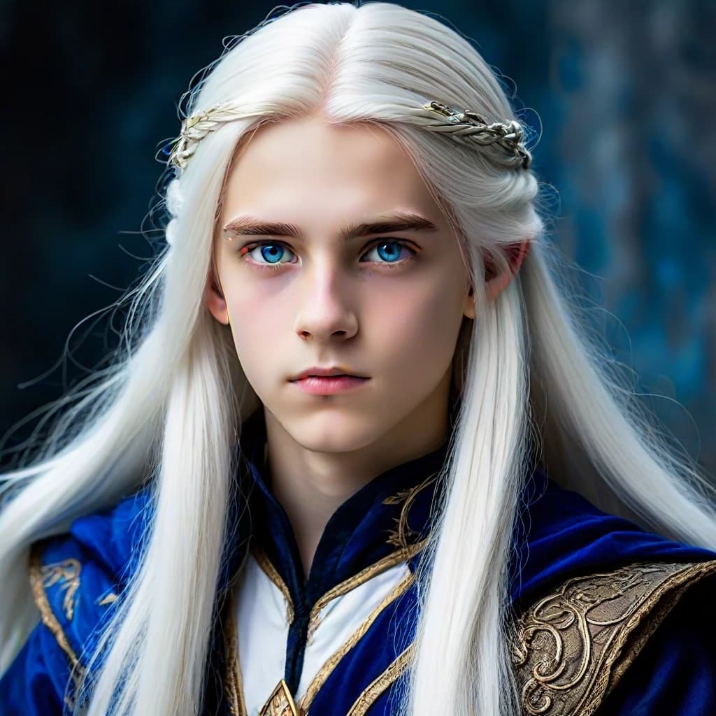 A 14-year-old boy with long, flowing white hair and blue eyes. He is serious and dressed in a fantasy costume. Illustration. Attention to detail.