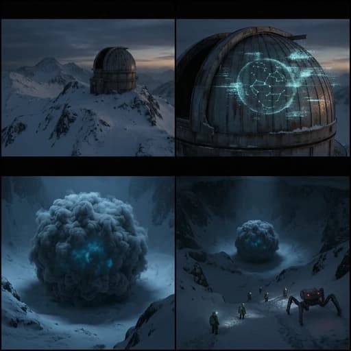 Cinematic reveal shot on a snowy mountain at dusk: a derelict observatory dome. Its surface flickers — a hologram dissolves, revealing a colossal sphere of frozen smoke, faintly glowing from within, resting in a hidden crater basin. Tiny human figures and one spider-like creature descend toward it. Cold blue hour, epic reveal, hyperrealistic, volumetric mist. формат 16:9 сделай раскадровку.   Общий стиль: Cinematic sci-fi drama, photorealistic, high-budget feature film look, anamorphic lens, soft volumetric light, subtle film grain, 24 fps, 10 seconds, 16:9.
Негативный промпт: cartoon, anime, text, watermark, subtitles, extra limbs, deformed hands, blurry, low quality.
