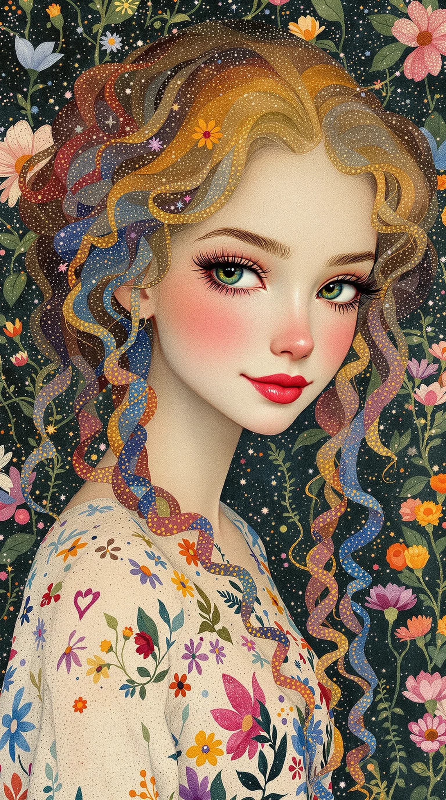 Pointillist art, watercolor, fantasy style. Separate clear strokes in the form of dots. Artist: Georges Seurat. A surreal portrait of an attractive girl, cheerful eyes, long hair, four-colored curls, a dress embroidered with a complex pattern.  Background: Magnificent garden.  Style: surreal, ethereal, dreamy, mysterious, fantasy, highly detailed, James Jean, in the style of Dante Gabriel Rossetti, the beauty of the pre-Raphaelites, Renaissance of the Middle Ages, sensual women, saturated colors, symbolic details, in the style of Ivan Shishkin, detailed forest landscapes, majestic trees, Russian nature, realistic botanical garden. precision, whimsical scene, playful details, unexpected combinations, carefree, fabulous elements, wide-angle lens, wide view, magnified perspective, immersive environment, super detail, Ultra HD, pastel colors, soft focus, natural lighting.