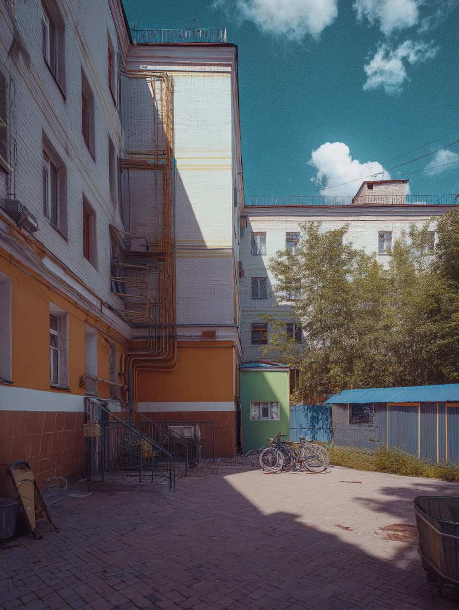 photos of the post-Soviet aesthetics of Russian courtyards and people with their everyday life in the styles of McBling, Waporwave, Wes Anderson chic, Andersonesque Popart --ar 3:4 --v 7.0 --s 200