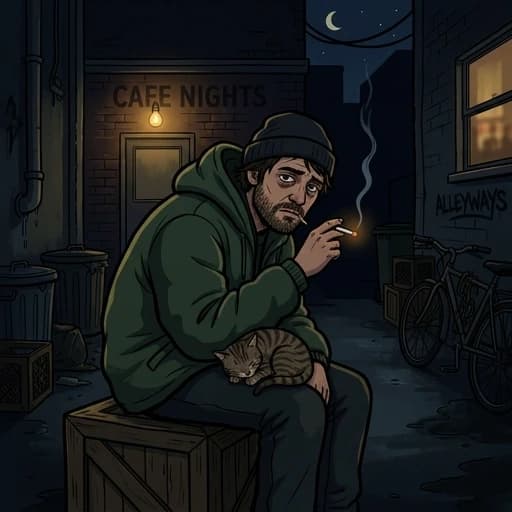 simplified sharp 2d drawing style. full-face camera angle. 
At night, a man in a big jacket is sitting in an alley in the backyard of a cafe. the man is about 27-30 years old, he is tired, hunched over, smokes. He has a cat curled up on his lap. The atmosphere is heavy, nocturnal, and a bit ponderous.