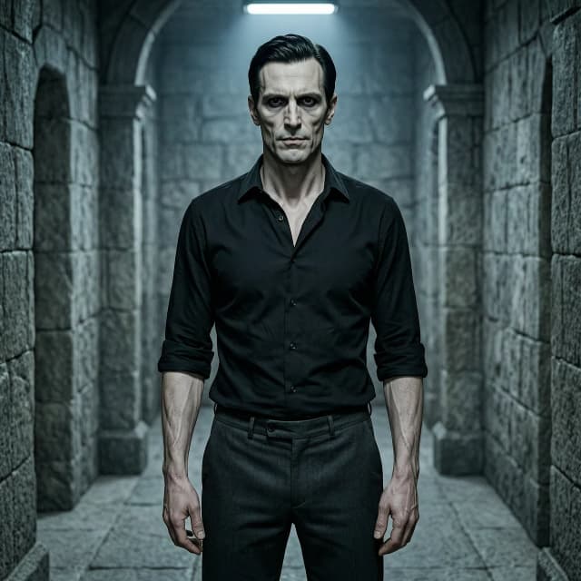 A realistic portrait of a tall, lean man in his late 30s. Dark fantasy modern setting. He has sharp, angular features — high cheekbones, a straight nose, thin lips. His skin is pale. His eyes are dark, nearly black, hooded, with a cold, unreadable gaze. His hair is short and dark, combed back neatly. He wears a plain black shirt with sleeves rolled up to the elbows and dark trousers. Broad shoulders, a wiry, athletic frame. He stands upright, arms relaxed, expression calm and controlled — a man used to being obeyed. Background: a dimly lit stone corridor with cold artificial light and shadows. Cinematic lighting, moody atmosphere, shallow depth of field. Photorealistic, detailed, 8k.