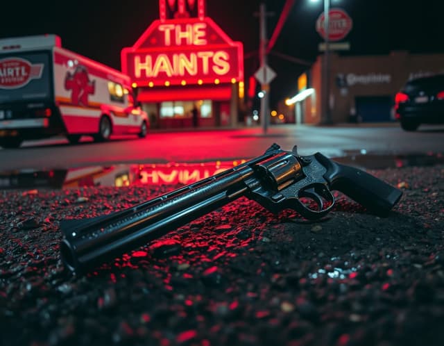 A gritty, realistic photo from a low angle. A classic heavy revolver lies on the wet dark asphalt of a desert town street at night. A nearby neon sign reflects perfectly in the puddles and on the wet metallic surface of the gun. Dark moody night lighting, deep shadows.