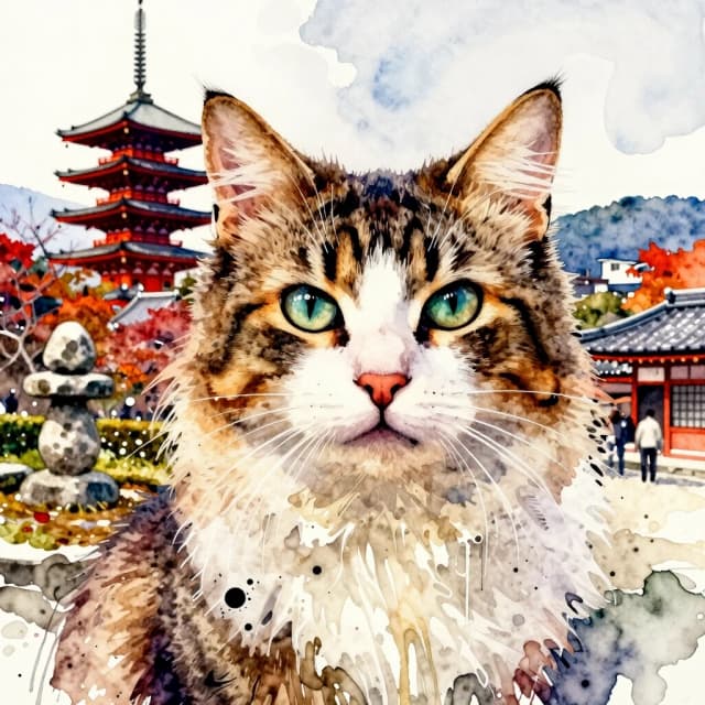 A masterpiece. The painting is done in watercolors. (Double exposure:1.8). (Portrait of a fabulously beautiful cat:1.8). In the background, there are views of Japan at that time: a pagoda, a garden of stones. The whole painting is united by an old autumn city landscape. High quality. High resolution. Increased attention to small details, clear contours. Intense close-up. Bold strokes, drips, spots. Watercolor style. Artist: Levitan, Sergey Andriaka.