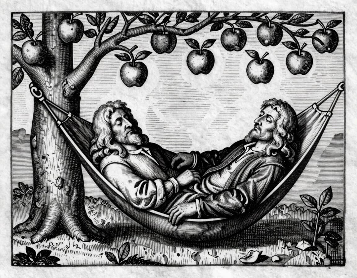 Medieval woodcut engraving of Isaac Newton sleeping in a hammock under an apple tree, a ripe apple falling onto his head, dense cross-hatching, pure black and white, fine linework, aged paper texture, style of 16th-century European scientific illustration, high contrast, no color.
