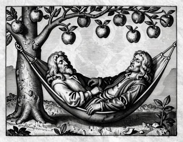 Medieval woodcut engraving of Isaac Newton sleeping in a hammock under an apple tree, a ripe apple falling onto his head, dense cross-hatching, pure black and white, fine linework, aged paper texture, style of 16th-century European scientific illustration, high contrast, no color.