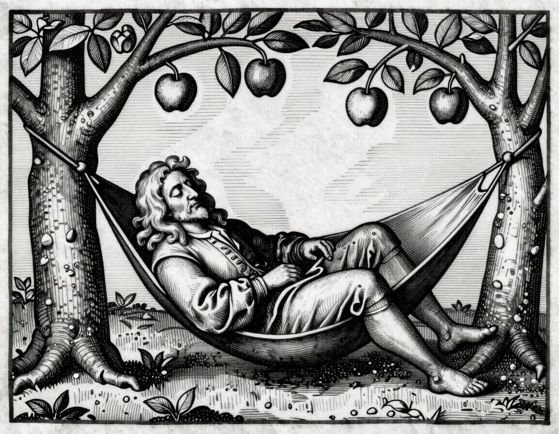 Medieval woodcut engraving of Isaac Newton sleeping in a hammock under an apple tree, a ripe apple falling onto his head, dense cross-hatching, pure black and white, fine linework, aged paper texture, style of 16th-century European scientific illustration, high contrast, no color.