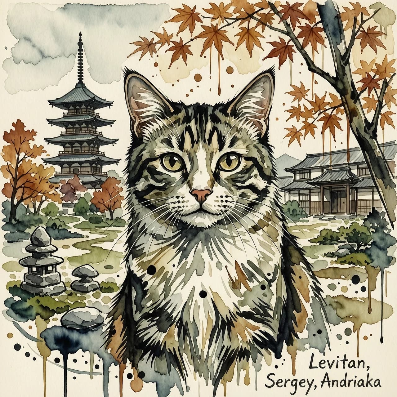 A masterpiece. The painting is done in watercolors. (Double exposure:1.8). (Portrait of a fabulously beautiful cat:1.8). In the background, there are views of Japan at that time: a pagoda, a garden of stones. The whole painting is united by an old autumn city landscape. High quality. High resolution. Increased attention to small details, clear contours. Intense close-up. Bold strokes, drips, spots. Watercolor style. Artist: Levitan, Sergey Andriaka.