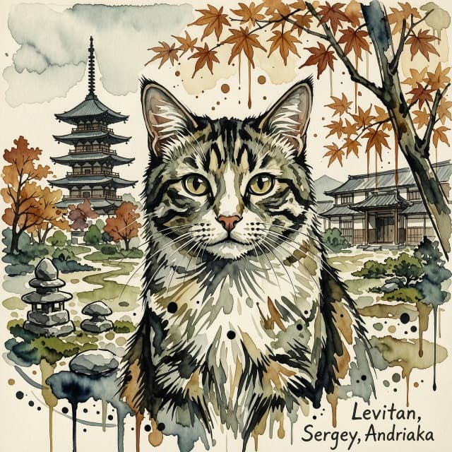 A masterpiece. The painting is done in watercolors. (Double exposure:1.8). (Portrait of a fabulously beautiful cat:1.8). In the background, there are views of Japan at that time: a pagoda, a garden of stones. The whole painting is united by an old autumn city landscape. High quality. High resolution. Increased attention to small details, clear contours. Intense close-up. Bold strokes, drips, spots. Watercolor style. Artist: Levitan, Sergey Andriaka.