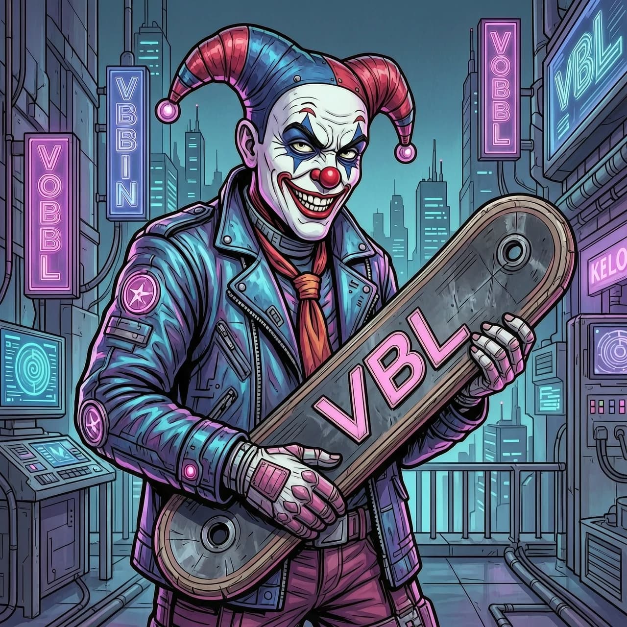 Нарисуй Клоуна в стиле cyberpunk, которы держит в руках биту с надписью VBL