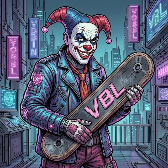 Нарисуй Клоуна в стиле cyberpunk, которы держит в руках биту с надписью VBL
