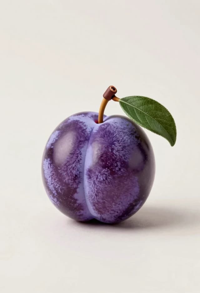 Create a hyperrealistic image in a [3:4] aspect ratio. The main subject is indigo plum fruit, which should be a plush toy with soft, stylish fur, while all other parts like the stem and leaves are photorealistic. Use a tender color palette. The composition is minimalistic, set on a light
background with soft, diffused lighting for a clean and stylish aesthetic