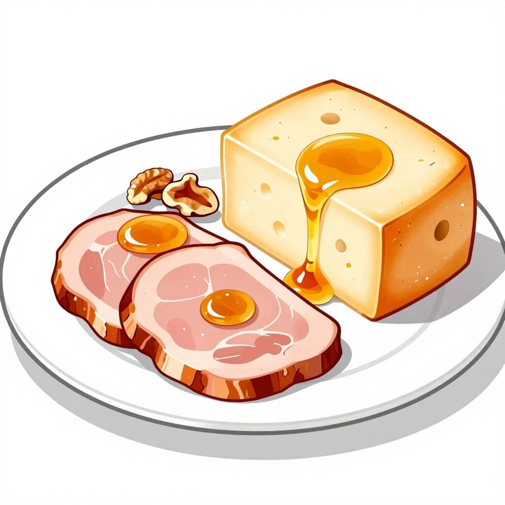 scetch of sliced meat and cheese with honey and nuts on a plate