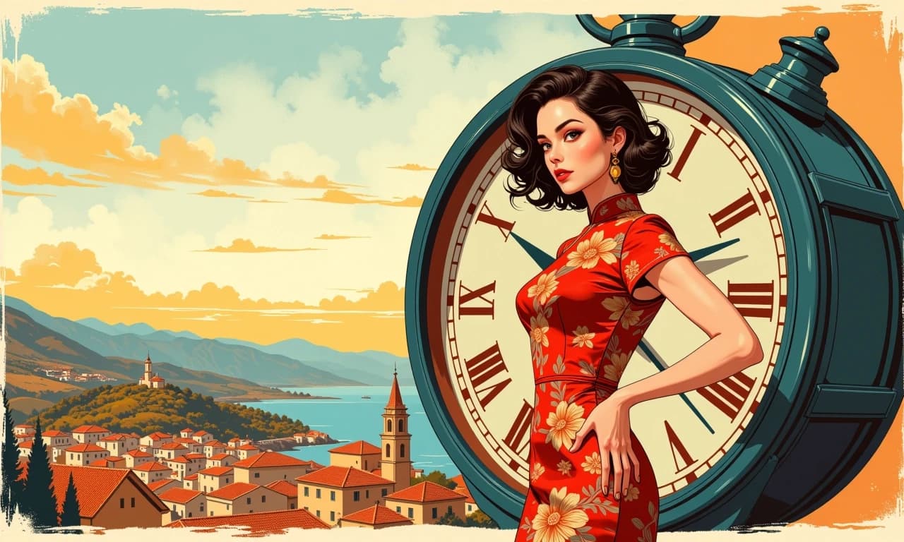 A masterpiece,  in the style of the 1980s, with bold lines, dynamic strokes and rich textures, on background with a touch of nostalgia, perhaps with subtle drawings inspired by cellulose and vintage, worn textures similar to paper, oil painting,  Retro mid-century travel poster style illustration: wide panoramic composition with a confident elegant woman positioned right of center in front of a large antique clock with Roman numerals; she wears a patterned cheongsam-style dress, 1950s coiffed hair, subtle makeup, one hand on hip, poised expression. Background shows sunlit Mediterranean/Latin hillside town with terracotta roofs, warm rolling hills and distant church steeple, soft gradient sky at dawn. Palette: warm beige, terracotta, muted teal and cream accents. Art direction: vintage poster/vector illustration, clean flat shapes, crisp outlines, subtle halftone and paper grain texture, delicate ornamental pattern on dress, slight film grain and faded edges for aged look, warm directional sunlight and soft shadows, high contrast yet muted saturation. Composition notes: strong negative space left for typography, clock integrates with figure, balanced rule-of-thirds layout, deliver high-resolution printable poster with scalable vector layers and layered PSD or SVG output. celshading, simple background