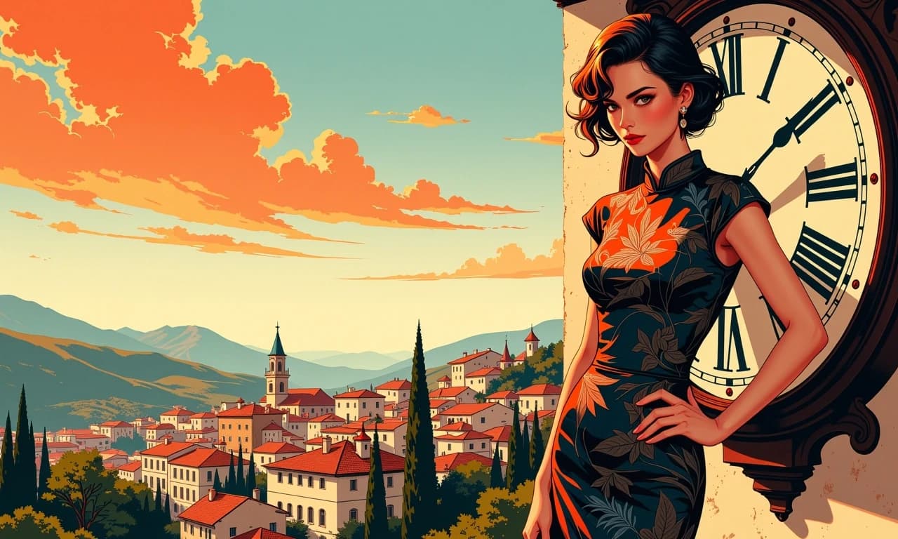 A masterpiece,  in the style of the 1980s, with bold lines, dynamic strokes and rich textures, on background with a touch of nostalgia, perhaps with subtle drawings inspired by cellulose and vintage, worn textures similar to paper, oil painting,  Retro mid-century travel poster style illustration: wide panoramic composition with a confident elegant woman positioned right of center in front of a large antique clock with Roman numerals; she wears a patterned cheongsam-style dress, 1950s coiffed hair, subtle makeup, one hand on hip, poised expression. Background shows sunlit Mediterranean/Latin hillside town with terracotta roofs, warm rolling hills and distant church steeple, soft gradient sky at dawn. Palette: warm beige, terracotta, muted teal and cream accents. Art direction: vintage poster/vector illustration, clean flat shapes, crisp outlines, subtle halftone and paper grain texture, delicate ornamental pattern on dress, slight film grain and faded edges for aged look, warm directional sunlight and soft shadows, high contrast yet muted saturation. Composition notes: strong negative space left for typography, clock integrates with figure, balanced rule-of-thirds layout, deliver high-resolution printable poster with scalable vector layers and layered PSD or SVG output. celshading, simple background