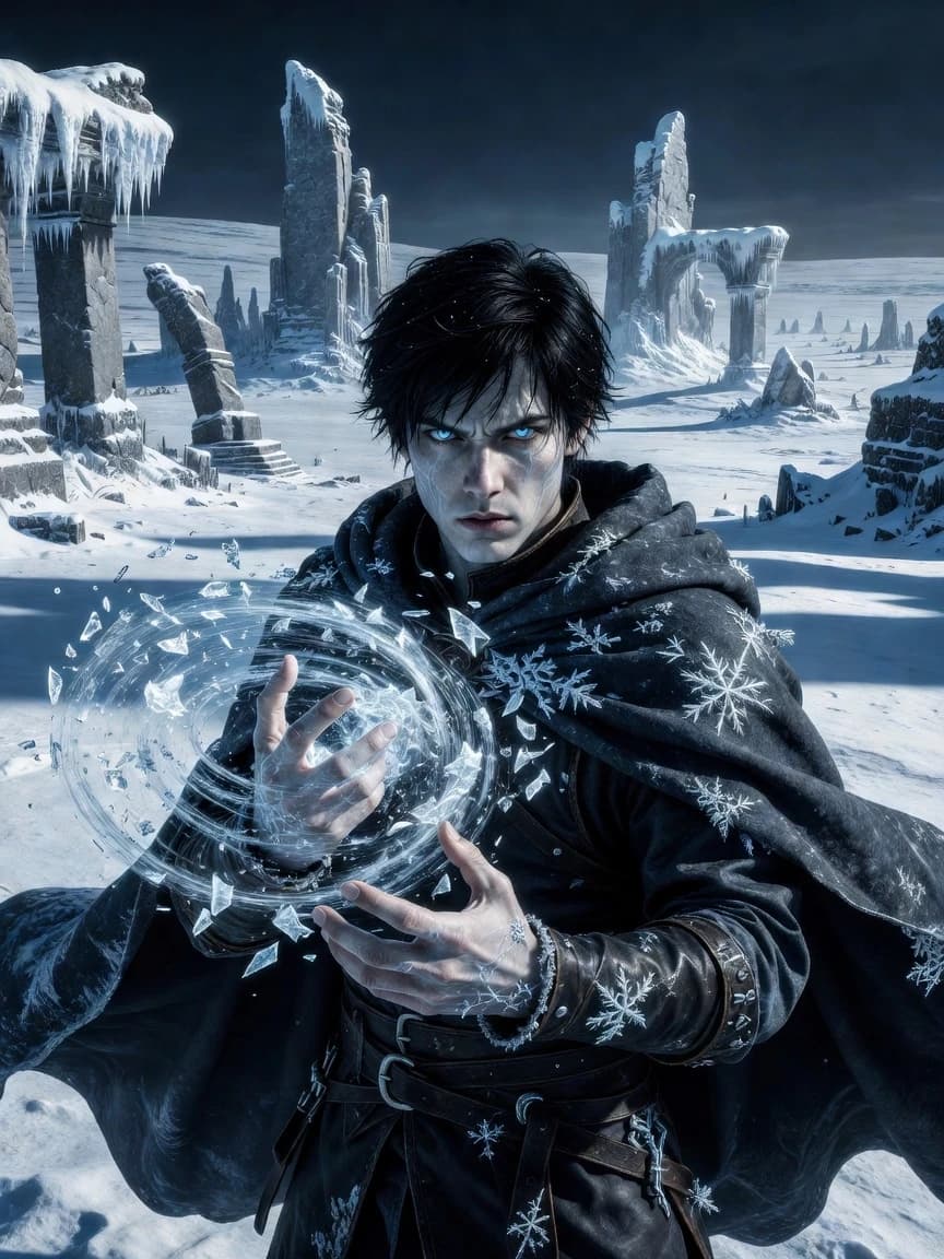 Character portrait of young man, black hair, pale skin, icy blue eyes, wearing dark leather tunic and traveler's cloak, frost crystals forming on his shoulders and hands, one hand raised with swirling ice magic, expression is determined yet haunted, background is a frozen wasteland with ancient ruins, cinematic lighting, cold color palette (blue, white, silver), highly detailed, fantasy art, D&D style, epic mood, 8k resolution, sharp focus, concept art.