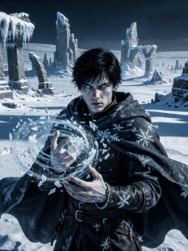 Character portrait of young man, black hair, pale skin, icy blue eyes, wearing dark leather tunic and traveler's cloak, frost crystals forming on his shoulders and hands, one hand raised with swirling ice magic, expression is determined yet haunted, background is a frozen wasteland with ancient ruins, cinematic lighting, cold color palette (blue, white, silver), highly detailed, fantasy art, D&D style, epic mood, 8k resolution, sharp focus, concept art.