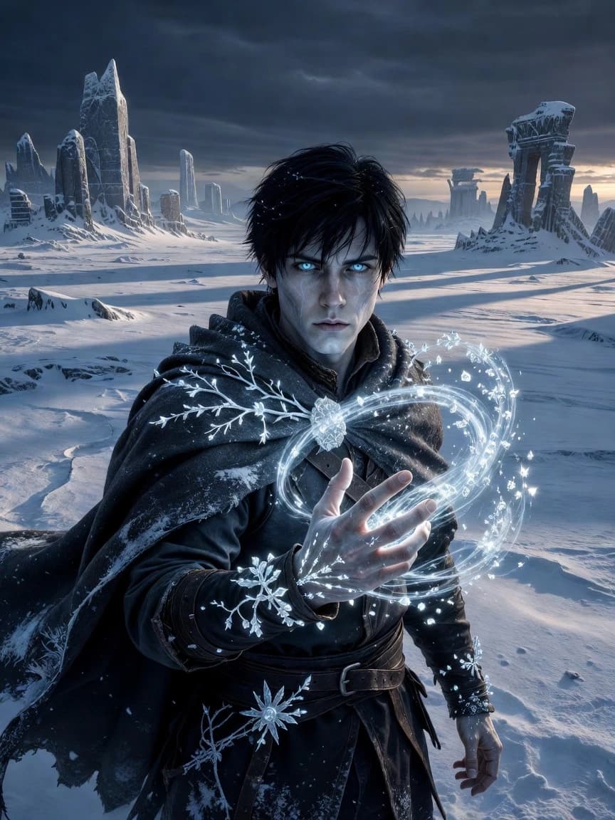 Character portrait of young man, black hair, pale skin, icy blue eyes, wearing dark leather tunic and traveler's cloak, frost crystals forming on his shoulders and hands, one hand raised with swirling ice magic, expression is determined yet haunted, background is a frozen wasteland with ancient ruins, cinematic lighting, cold color palette (blue, white, silver), highly detailed, fantasy art, D&D style, epic mood, 8k resolution, sharp focus, concept art.