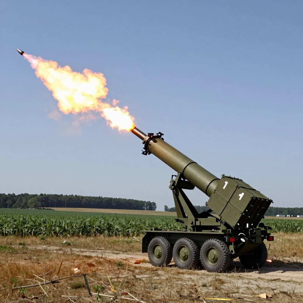 Standing in the field in summer, HIMARS are firing