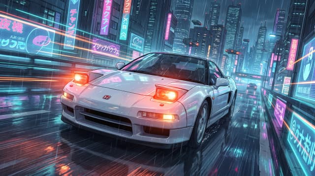 Honda NSX-R 1992 года, едет по дороге, эпичный ракурс, горящие фары, шедевр, крупный план, стиль аниме с реалистичными деталями, киберпанк,
