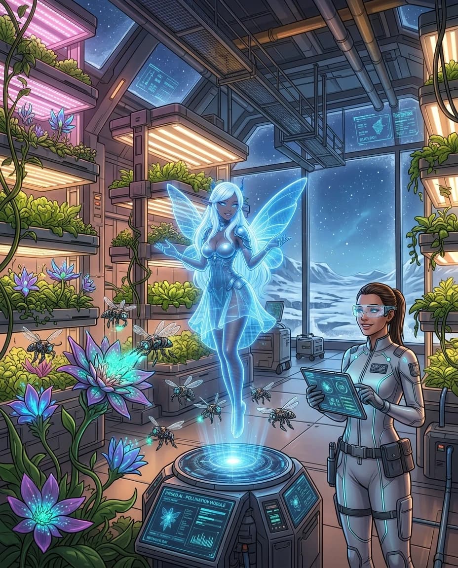 A detailed sci-fi concept art of a futuristic botanical greenhouse inside the Frisco Research Bay. Inside is a lush oasis with vertical hydroponic farms, glowing alien flowers, and dense green vegetation under soft pink and warm white grow lights. FRISCO's holographic AI avatar, a glowing blue digital fairy, hovers in the center. She controls a swarm of tiny pollinator drones the size of a human. The microdrones are equipped with precise electrostatic brushes that carefully collect and transfer glowing pollen from the flowers. Beside her, a female scientist in a lightweight tech suit and smart glasses holds a tablet with data, smiling and observing the process. In the background, a huge panoramic window offers a view of the frozen, snow-covered alien landscape outside. Cinematic lighting, intricate details, UI overlays, artbook style, high-tech sci-fi. --ar 4:3