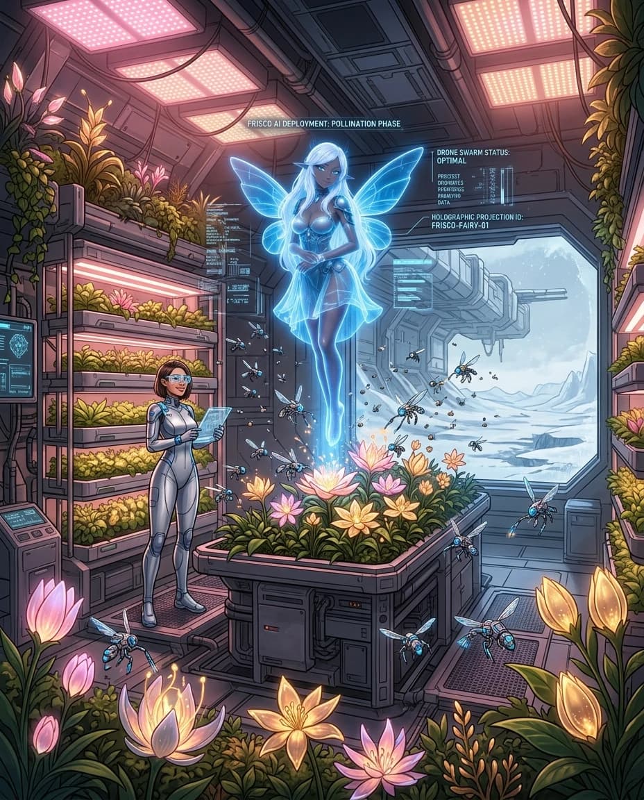 A detailed sci-fi concept art of a futuristic botanical greenhouse inside the Frisco Research Bay. Inside is a lush oasis with vertical hydroponic farms, glowing alien flowers, and dense green vegetation under soft pink and warm white grow lights. FRISCO's holographic AI avatar, a glowing blue digital fairy, hovers in the center. She controls a swarm of tiny pollinator drones the size of a human. The microdrones are equipped with precise electrostatic brushes that carefully collect and transfer glowing pollen from the flowers. Beside her, a female scientist in a lightweight tech suit and smart glasses holds a tablet with data, smiling and observing the process. In the background, a huge panoramic window offers a view of the frozen, snow-covered alien landscape outside. Cinematic lighting, intricate details, UI overlays, artbook style, high-tech sci-fi. --ar 4:3