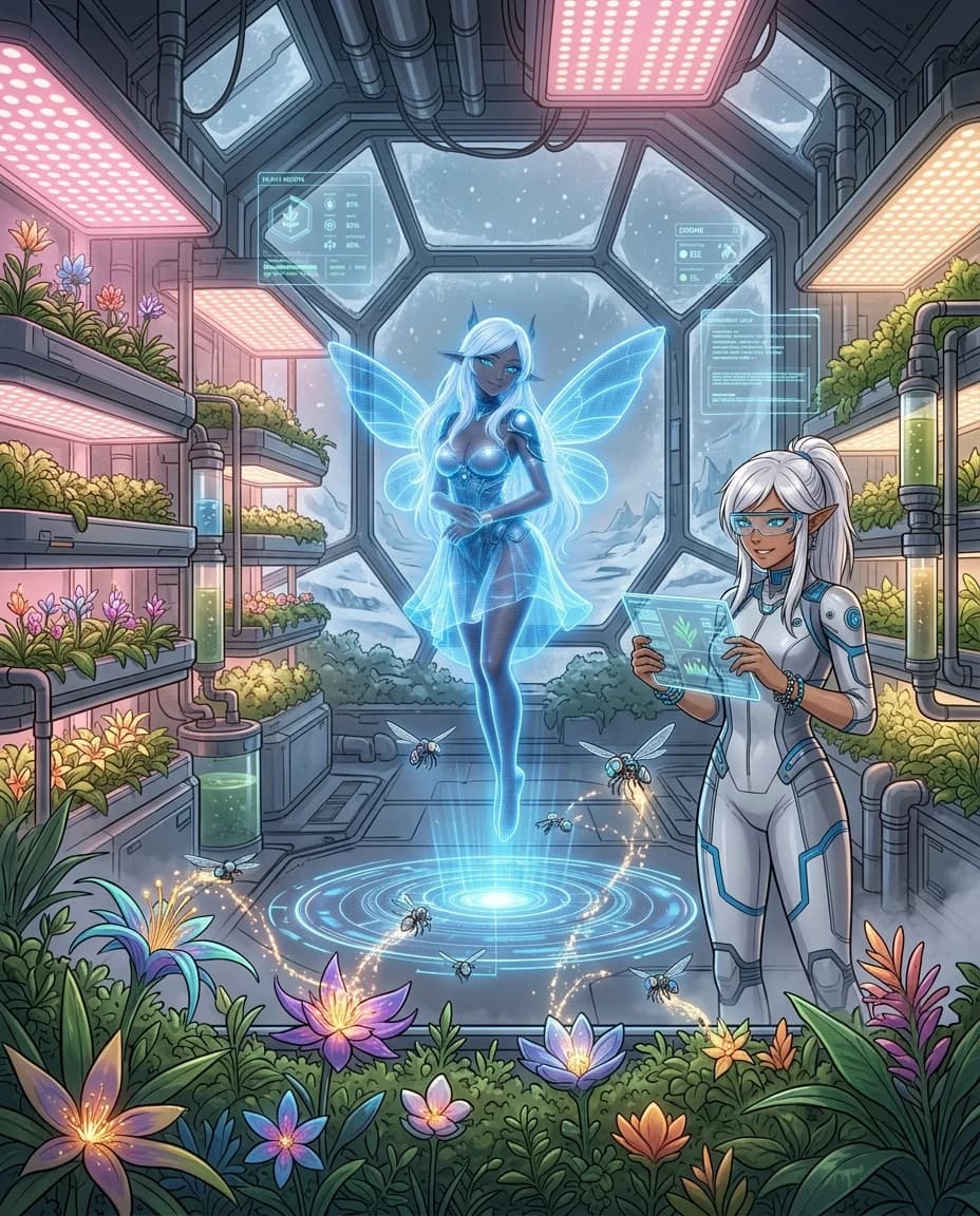 A detailed sci-fi concept art of a futuristic botanical greenhouse inside the Frisco Research Bay. Inside is a lush oasis with vertical hydroponic farms, glowing alien flowers, and dense green vegetation under soft pink and warm white grow lights. FRISCO's holographic AI avatar, a glowing blue digital fairy, hovers in the center. She controls a swarm of tiny pollinator drones the size of a human. The microdrones are equipped with precise electrostatic brushes that carefully collect and transfer glowing pollen from the flowers. Beside her, a female scientist in a lightweight tech suit and smart glasses holds a tablet with data, smiling and observing the process. In the background, a huge panoramic window offers a view of the frozen, snow-covered alien landscape outside. Cinematic lighting, intricate details, UI overlays, artbook style, high-tech sci-fi. --ar 4:3