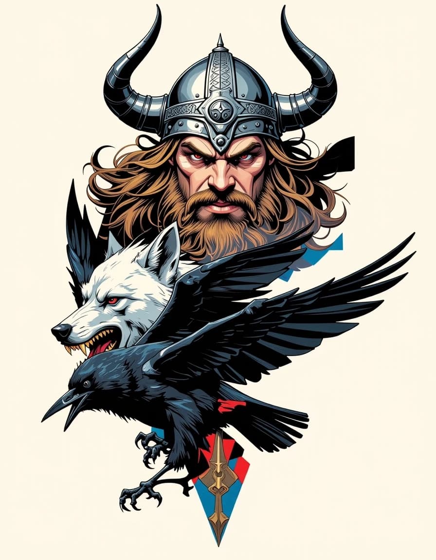 A masterpiece,  in the style of the 1980s, with bold lines, dynamic strokes and rich textures, on background with a touch of nostalgia, perhaps with subtle drawings inspired by cellulose and vintage, worn textures similar to paper, oil painting, A highly detailed full-color Nordic Viking tattoo illustration, vertical composition, inspired by traditional black-and-white tattoo engraving but transformed into rich vibrant colors. A fierce Viking warrior head in the upper section, wearing an elaborate horned Norse helmet with intricate Celtic and Nordic knotwork, engraved metal armor, long flowing hair and beard, powerful masculine facial expression. Below him, a massive snarling wolf head with sharp realistic fangs, intense piercing eyes, thick layered fur, aggressive expression, highly detailed anatomy. A black raven flying beside the wolf, wings spread dynamically. Add subtle Nordic ornamental elements, runic patterns, braided Celtic motifs, flowing hair and fur creating a unified composition. Dramatic overlapping elements, dynamic movement, sharp elegant linework, extremely intricate details, realistic tattoo shading, strong highlights and deep shadows, cinematic depth, vivid saturated colors, metallic silver and steel on the helmet, warm skin tones, dark brown and ash-blonde hair, wolf fur in shades of silver, white, charcoal and brown, raven with glossy black-blue feathers, subtle red accents, rich earthy Nordic palette. Full color from top to bottom, no monochrome, no grayscale. Clean white background, isolated artwork, no frame, no border, no text, no typography, no logo. Premium professional tattoo design, highly polished, symmetrical visual balance, dramatic Nordic mythology aesthetic, ultra-detailed, crisp edges, masterpiece tattoo artwork. simple background celshading,