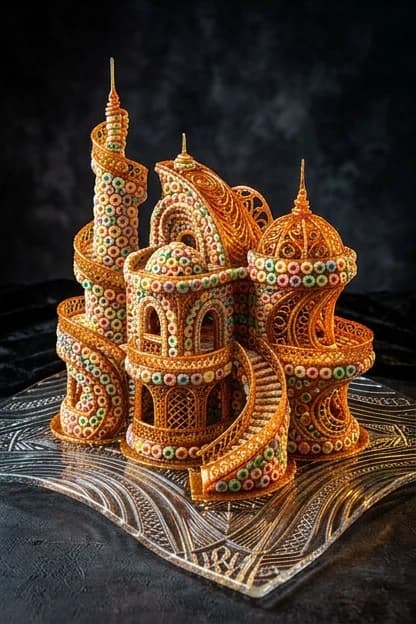 A fabulous pastry masterpiece. A mansion, a villa made of colorful breakfast rings. Made of rings, decorated with melted caramel. Both the rings and the caramel are arranged in futuristic patterns. Unusual architecture. Elegance. Graceful curves inspired by the buildings of Oscar Niemeyer, Antonio Gaudí, and Mies van der Rohe. It stands on a glass plate with delicate patterns. A plate with waves of glass, the patterns on it shine. Dark background. Dynamic and expressive. Fine patterns. Stylization. High quality.