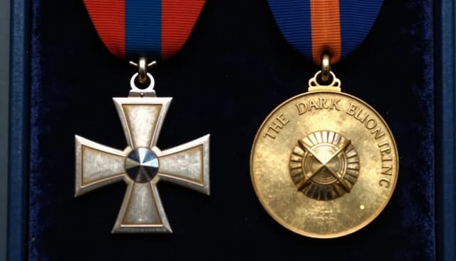 Close-up of Iron Cross and British OBE medal side by side on dark velvet, dramatic studio lighting