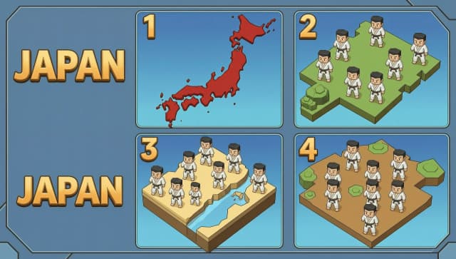 Create a fictional map of 4 countries for the Roblox game Path Karate. The name is on the left, the country is Japan, in 3D.